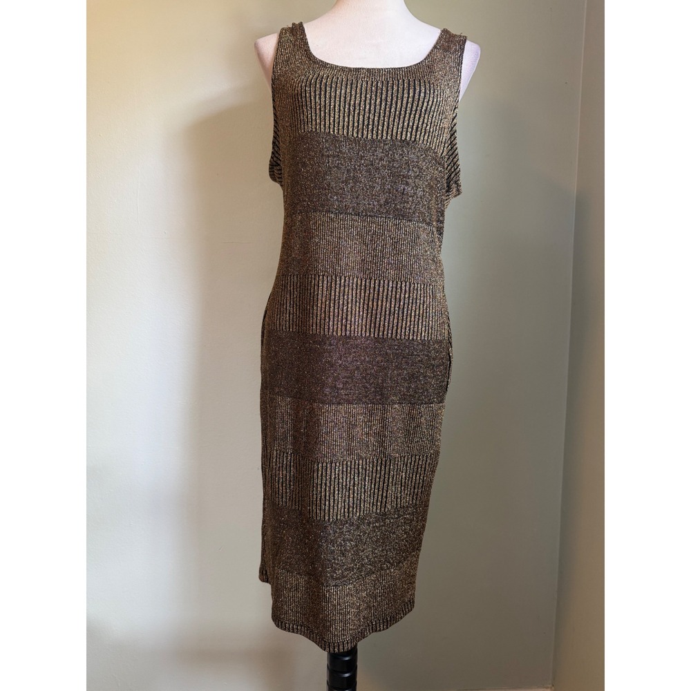 Y2K fairy whimsi 2X Metallic Gold Black Ribbed Midi Dress Sleeveless dainty glam